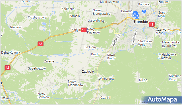 mapa Brody gmina Końskie, Brody gmina Końskie na mapie Targeo