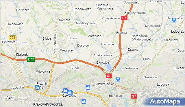 mapa Dziekanowice gmina Zielonki, Dziekanowice gmina Zielonki na mapie Targeo