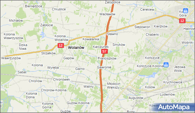 mapa Franciszków gmina Wolanów, Franciszków gmina Wolanów na mapie Targeo