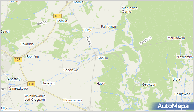 mapa Gębice gmina Czarnków, Gębice gmina Czarnków na mapie Targeo