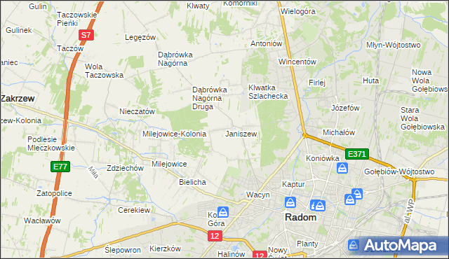 mapa Janiszew gmina Zakrzew, Janiszew gmina Zakrzew na mapie Targeo