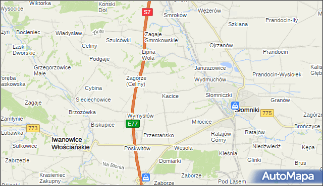 mapa Kacice gmina Słomniki, Kacice gmina Słomniki na mapie Targeo