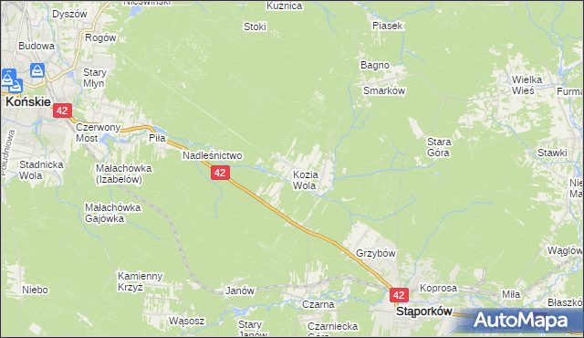 mapa Kozia Wola gmina Stąporków, Kozia Wola gmina Stąporków na mapie Targeo