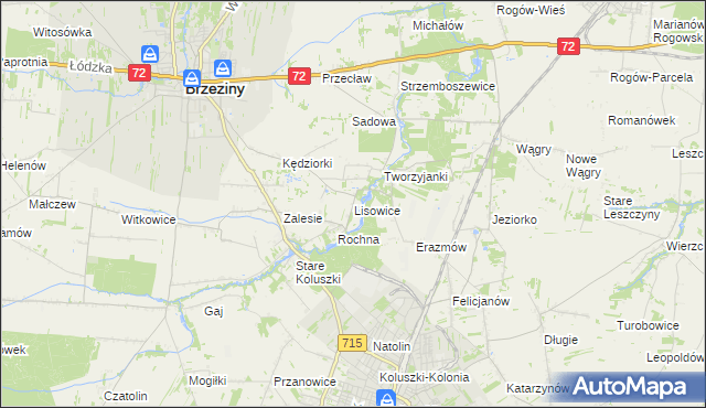 mapa Lisowice gmina Koluszki, Lisowice gmina Koluszki na mapie Targeo