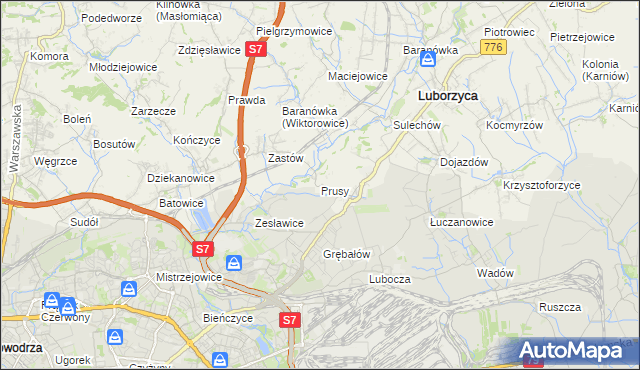 mapa Prusy gmina Kocmyrzów-Luborzyca, Prusy gmina Kocmyrzów-Luborzyca na mapie Targeo