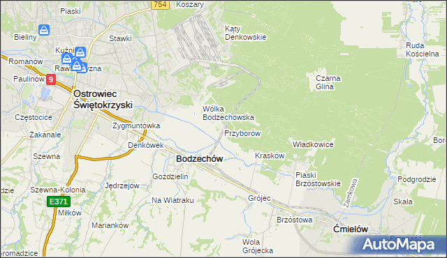 mapa Przyborów gmina Bodzechów, Przyborów gmina Bodzechów na mapie Targeo