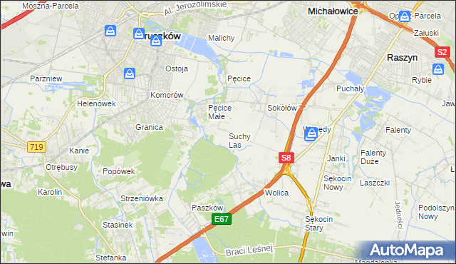 mapa Suchy Las gmina Michałowice, Suchy Las gmina Michałowice na mapie Targeo