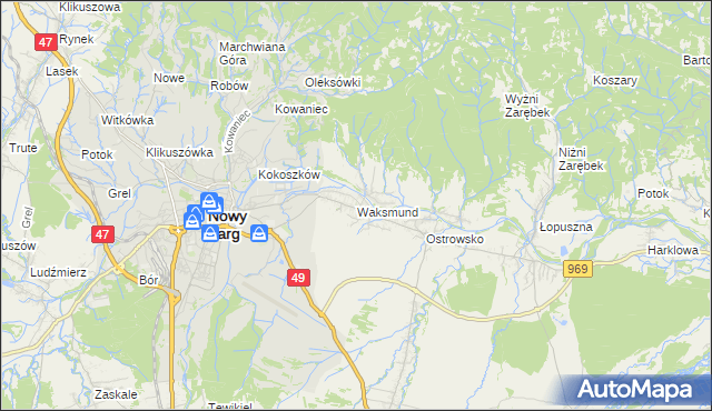mapa Waksmund, Waksmund na mapie Targeo