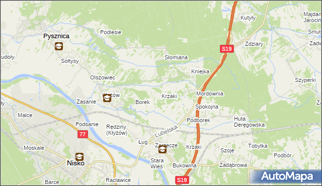 mapa Krzaki gmina Pysznica, Krzaki gmina Pysznica na mapie Targeo