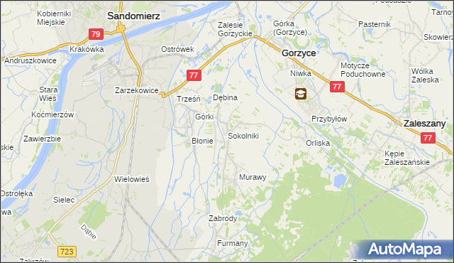 mapa Sokolniki gmina Gorzyce, Sokolniki gmina Gorzyce na mapie Targeo