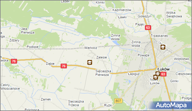 mapa Zalesie gmina Łuków, Zalesie gmina Łuków na mapie Targeo