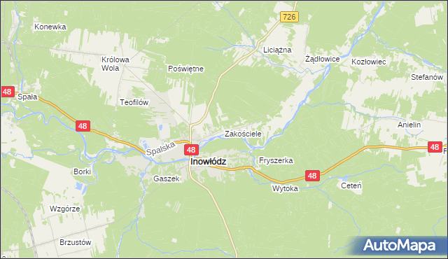 mapa Zakościele gmina Inowłódz, Zakościele gmina Inowłódz na mapie Targeo