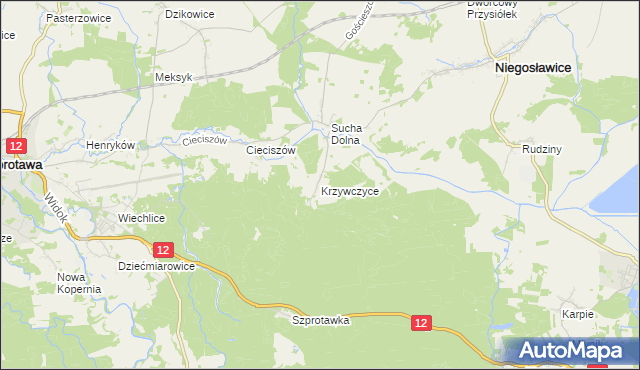 mapa Krzywczyce, Krzywczyce na mapie Targeo