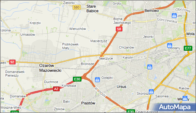 mapa Jawczyce gmina Ożarów Mazowiecki, Jawczyce gmina Ożarów Mazowiecki na mapie Targeo