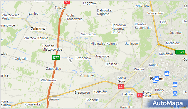 mapa Milejowice gmina Zakrzew, Milejowice gmina Zakrzew na mapie Targeo