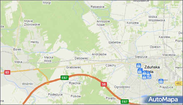mapa Andrzejów gmina Zduńska Wola, Andrzejów gmina Zduńska Wola na mapie Targeo
