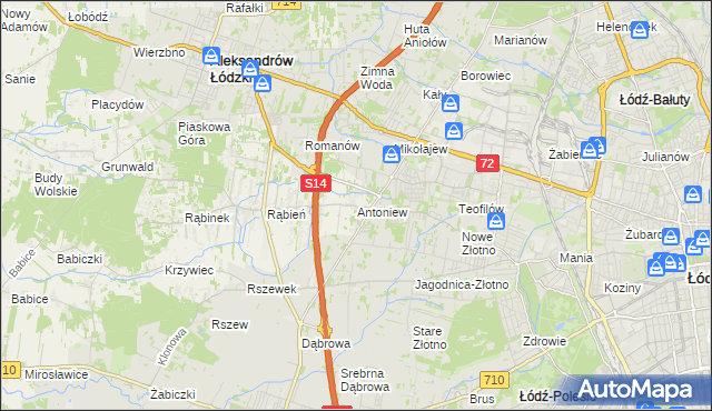 mapa Antoniew gmina Aleksandrów Łódzki, Antoniew gmina Aleksandrów Łódzki na mapie Targeo