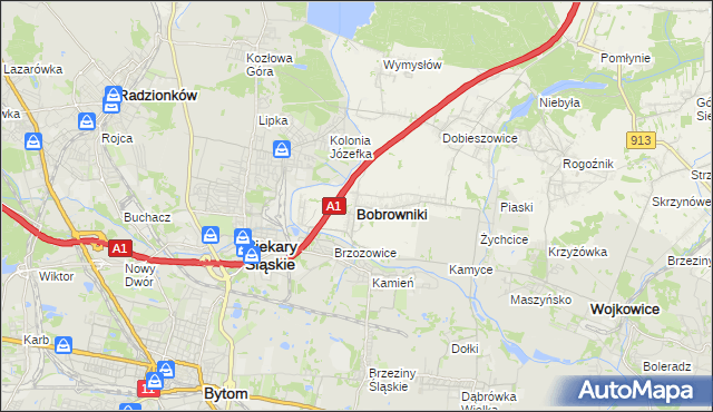 mapa Bobrowniki powiat będziński, Bobrowniki powiat będziński na mapie Targeo