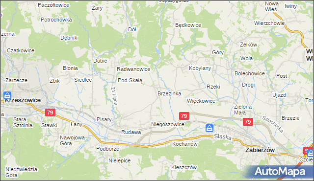 mapa Brzezinka gmina Zabierzów, Brzezinka gmina Zabierzów na mapie Targeo