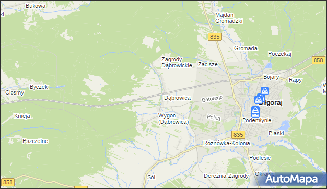 mapa Dąbrowica gmina Biłgoraj, Dąbrowica gmina Biłgoraj na mapie Targeo