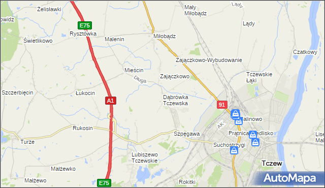 mapa Dąbrówka Tczewska, Dąbrówka Tczewska na mapie Targeo