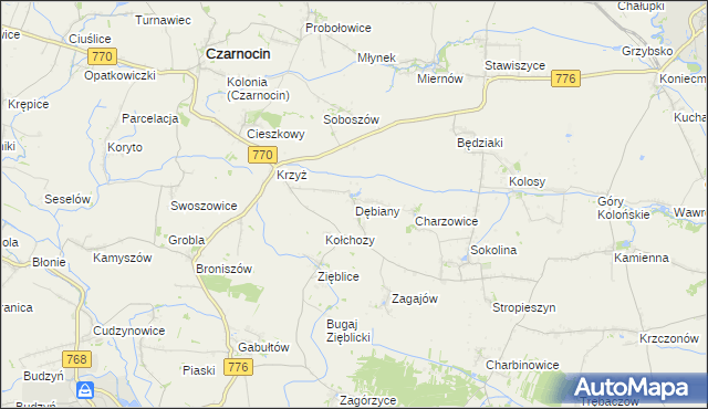mapa Dębiany gmina Czarnocin, Dębiany gmina Czarnocin na mapie Targeo