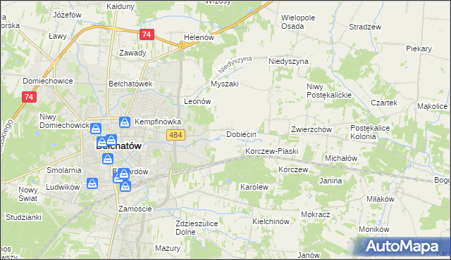 mapa Dobiecin gmina Bełchatów, Dobiecin gmina Bełchatów na mapie Targeo
