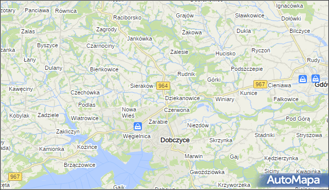 mapa Dziekanowice gmina Dobczyce, Dziekanowice gmina Dobczyce na mapie Targeo