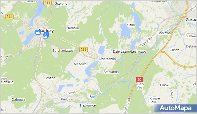 mapa Dzierżążno gmina Kartuzy, Dzierżążno gmina Kartuzy na mapie Targeo
