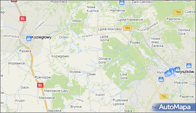 mapa Gliniana Góra gmina Koziegłowy, Gliniana Góra gmina Koziegłowy na mapie Targeo