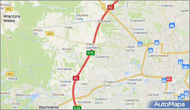 mapa Gorzelnia gmina Blachownia, Gorzelnia gmina Blachownia na mapie Targeo