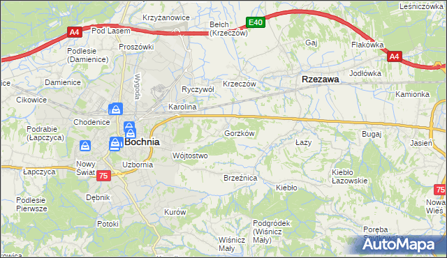 mapa Gorzków gmina Bochnia, Gorzków gmina Bochnia na mapie Targeo