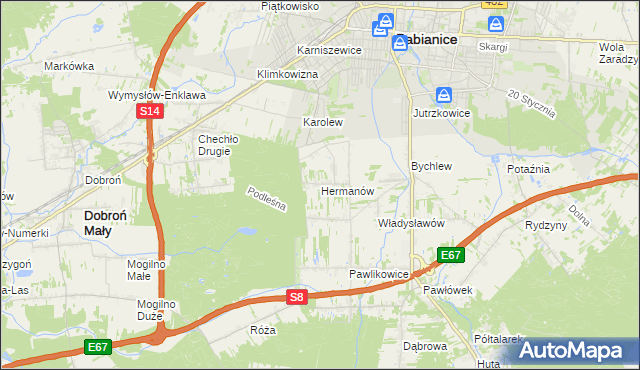 mapa Hermanów gmina Pabianice, Hermanów gmina Pabianice na mapie Targeo