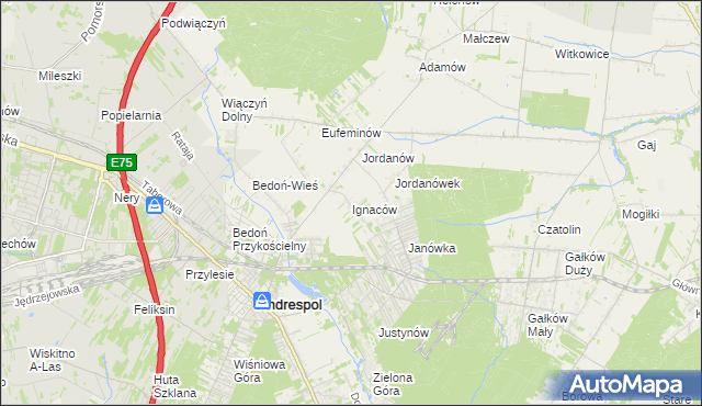 mapa Ignaców gmina Brzeziny, Ignaców gmina Brzeziny na mapie Targeo