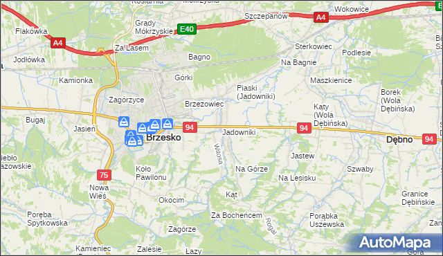 mapa Jadowniki gmina Brzesko, Jadowniki gmina Brzesko na mapie Targeo