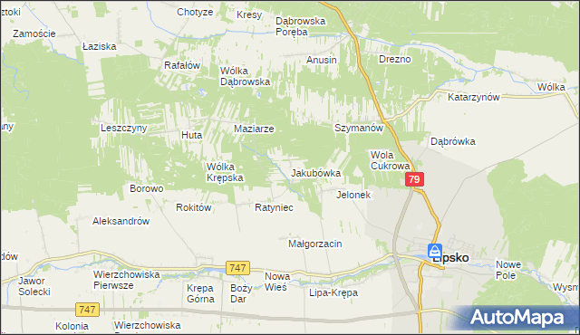 mapa Jakubówka gmina Lipsko, Jakubówka gmina Lipsko na mapie Targeo