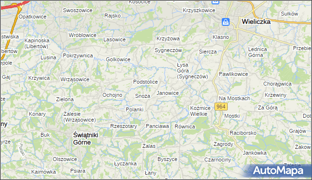 mapa Janowice gmina Wieliczka, Janowice gmina Wieliczka na mapie Targeo