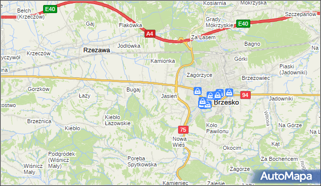 mapa Jasień gmina Brzesko, Jasień gmina Brzesko na mapie Targeo