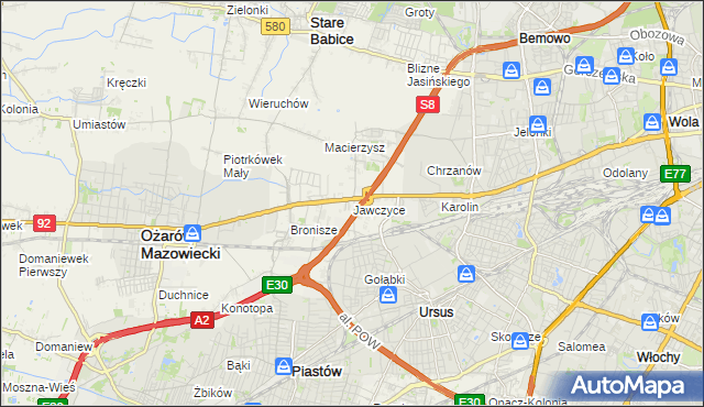 mapa Jawczyce gmina Ożarów Mazowiecki, Jawczyce gmina Ożarów Mazowiecki na mapie Targeo