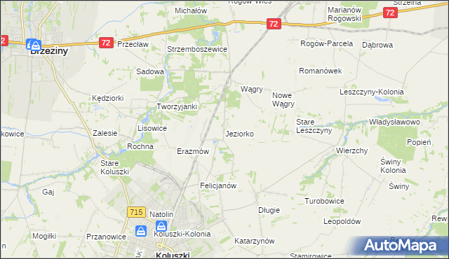 mapa Jeziorko gmina Koluszki, Jeziorko gmina Koluszki na mapie Targeo