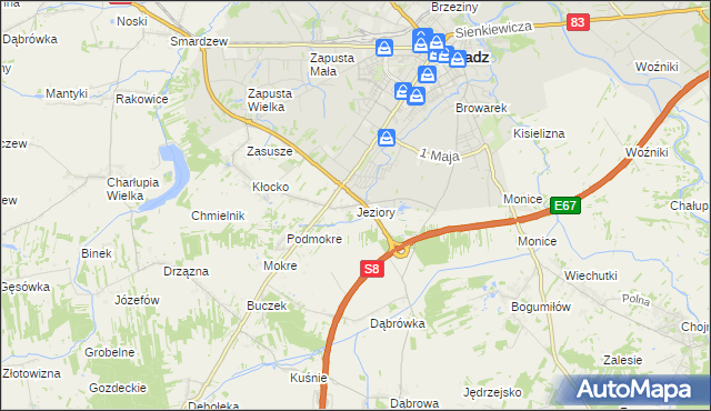 mapa Jeziory gmina Sieradz, Jeziory gmina Sieradz na mapie Targeo