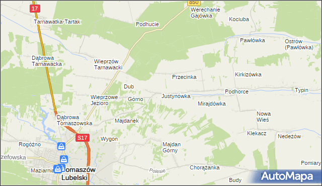 mapa Justynówka gmina Tomaszów Lubelski, Justynówka gmina Tomaszów Lubelski na mapie Targeo