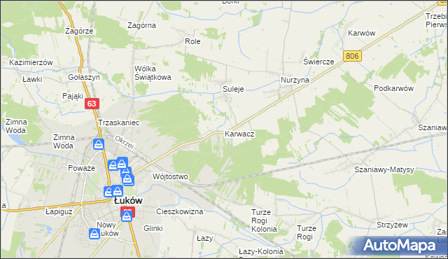 mapa Karwacz gmina Łuków, Karwacz gmina Łuków na mapie Targeo