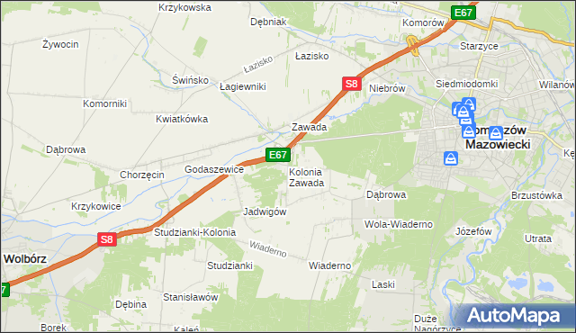 mapa Kolonia Zawada gmina Tomaszów Mazowiecki, Kolonia Zawada gmina Tomaszów Mazowiecki na mapie Targeo
