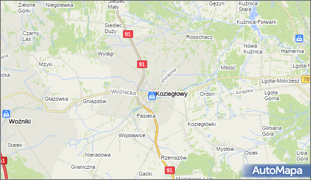 mapa Koziegłowy powiat myszkowski, Koziegłowy powiat myszkowski na mapie Targeo