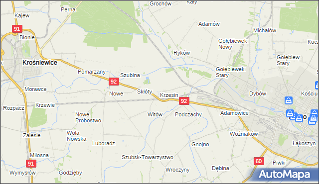 mapa Krzesin gmina Kutno, Krzesin gmina Kutno na mapie Targeo