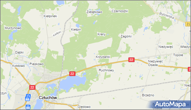 mapa Krzyżanki gmina Człuchów, Krzyżanki gmina Człuchów na mapie Targeo
