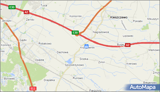 mapa Krzyżowniki gmina Kleszczewo, Krzyżowniki gmina Kleszczewo na mapie Targeo