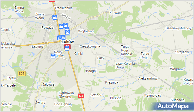 mapa Łazy gmina Łuków, Łazy gmina Łuków na mapie Targeo