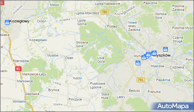 mapa Lisia Góra gmina Koziegłowy, Lisia Góra gmina Koziegłowy na mapie Targeo